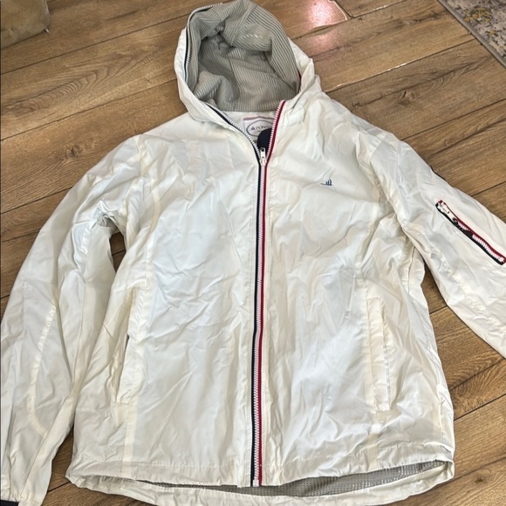 White and Red Ski Jacket with Hood and Water-Resistant Fabric